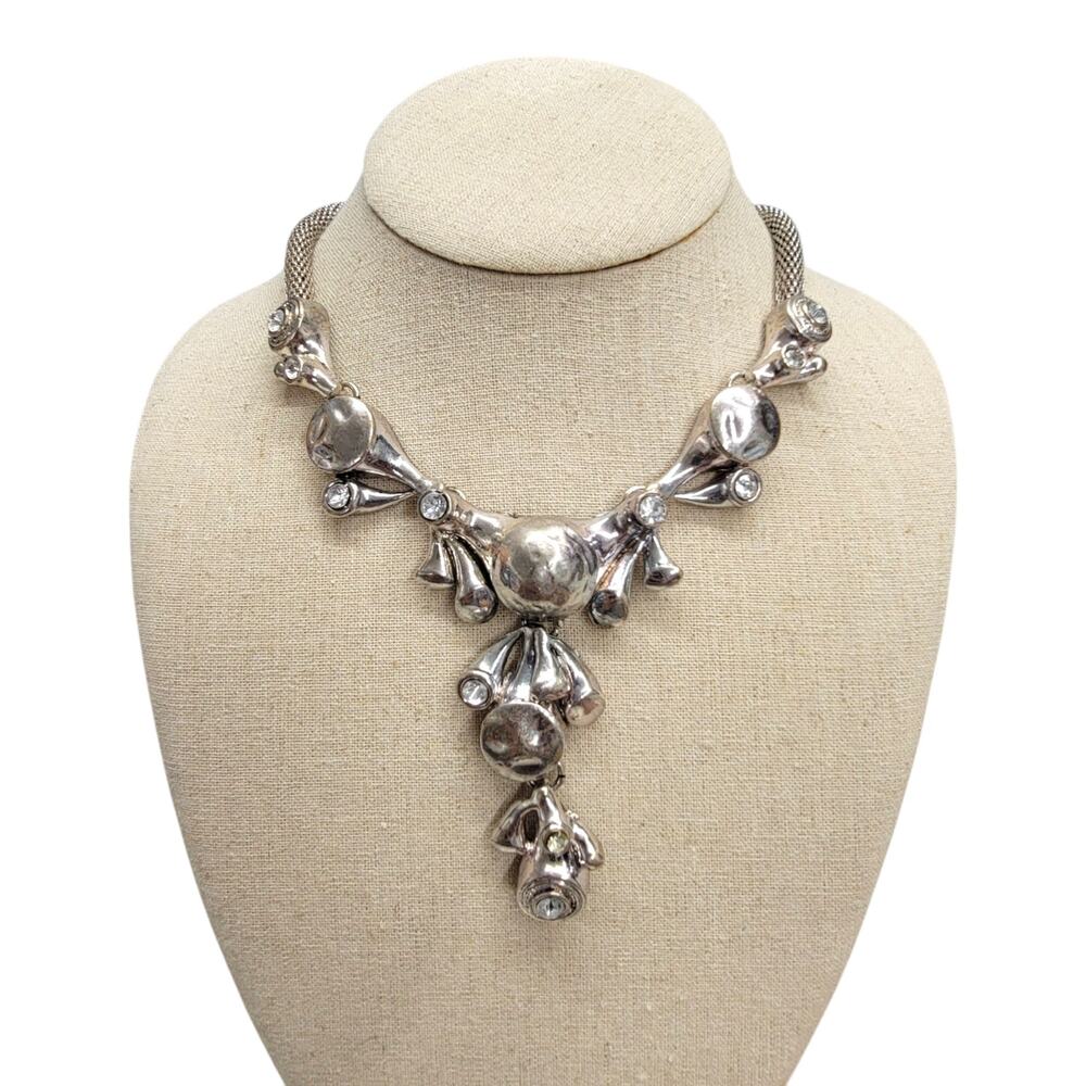 Vintage Modernist Silver Tone Rhinestone Drop Bib Statement Collar Necklace